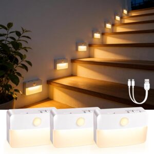 3 Pack Rechargeable Motion Sensor Stair Lights for Indoor, Wireless Battery Operated Night Light, Magnetic Led Stick On Portable Lamp for Step Hallway Closet Under Cabinet...