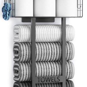 Aetyord Towel Racks for Bathroom 31inch Wall Mounted Towel Rack,Floating Shelf with Wood Plank,Towel Storage for Bathroom can Holds 6 Large Rolled Towels,All Black