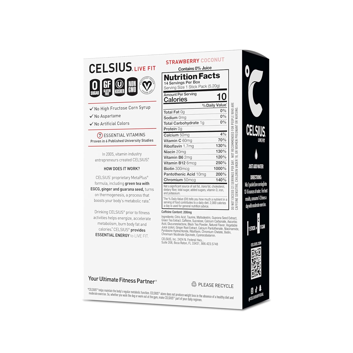 CELSIUS On The Go Strawberry Coconut, Sugar Free Energy Drink Mix (14 Sticks per Pack)