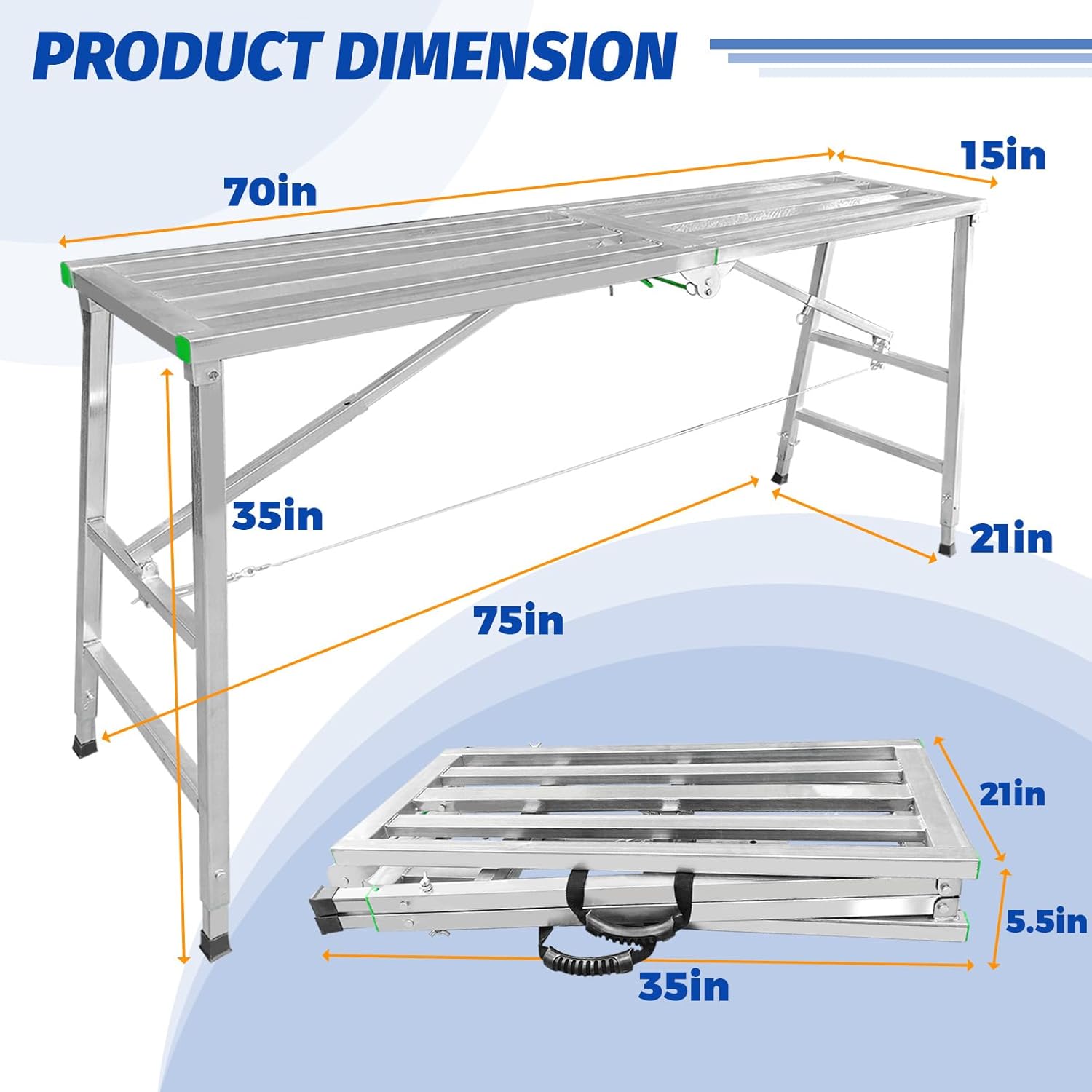 Fanmoss Folding 70 x 15" Scaffolding Platform, Max Load 800LBS Capacity, 35-55" Adjustable Height Work Platform Ideal for Home Improvement, Drywall Painting