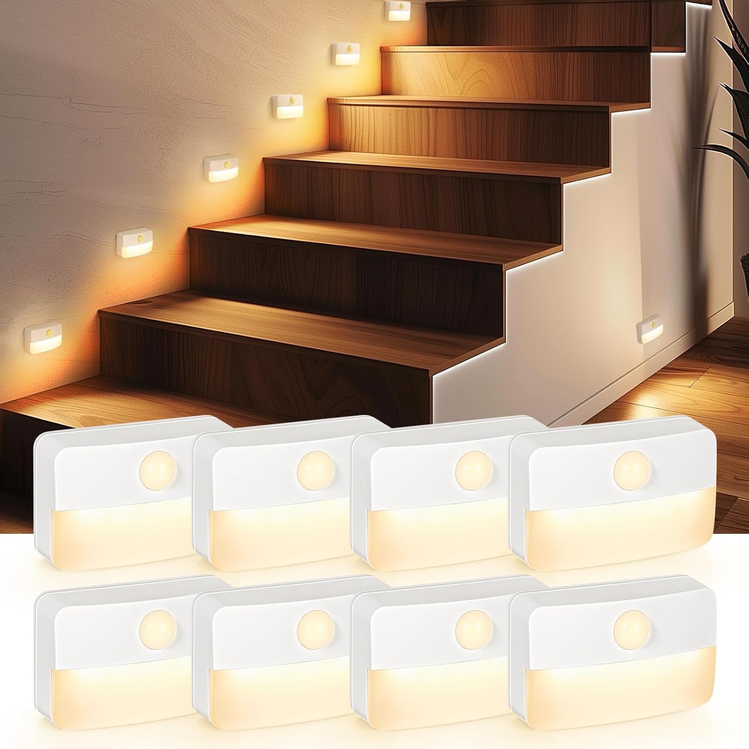 Guankai 8 Pack Motion Sensor Stair Light for Indoor, Battery Operated Closet Lights, Wireless Stick on Anywhere Hallway Lamp, Portable Led Night Lamps for Bedroom Under Cabinet...