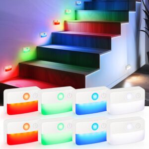 Guankai 8 Pack Motion Sensor Stair Lights for Indoor, Wireless RGB Battery Operated Night Light, Activated Led Stick On Hallway Closet Under Cabinet Step Lamp for Bedroom...