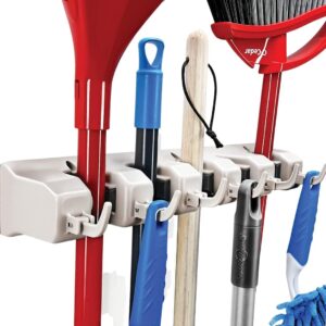 HOME IT Mop And Broom Holder Wall Mount - Garage Storage Systems with 5 Slots, 6 Hooks, 7.5lbs Capacity Per Slot - Garden Tool Organizer For Home, Kitchen, Closet, Garage,...