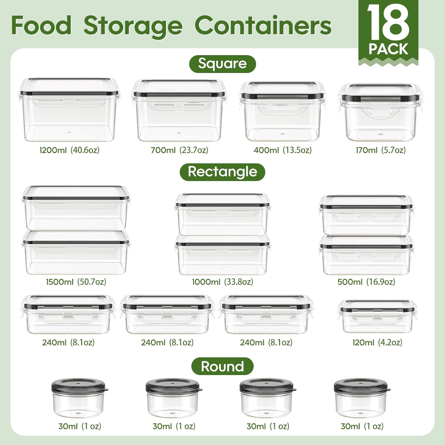 KEMETHY 36-Piece Food Storage Containers with Lids(18 Container & 18 Lid), Plastic Food Containers for Pantry & Kitchen Storage and Organization, BPA-Free, Leak Proof, Reusable...