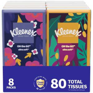 Kleenex On-The-Go Facial Tissues, 8 On-The-Go Packs, 10 Tissues per Box, 3-Ply (80 Total), Packaging May Vary