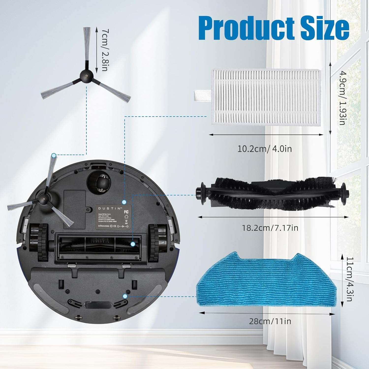Loszaral 14Pcs Dustin/Ultravision Replacement Parts for bObsweep Dustin/Ultravisio-n/Ultravision Pet Robotic Vacuum, Includes 1 Main Brush, 4 Side Brushes, 4 Filters, 4 Mop Pads...