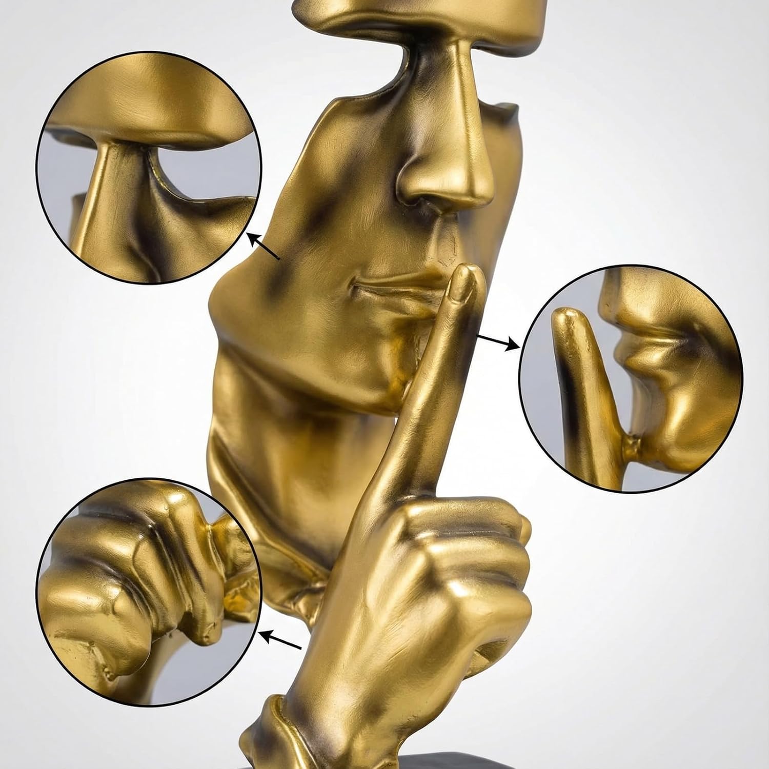 OHiZVZV 1 Piece Modern Silence Sculpture, Abstract Face Statue for Home Decor, Golden Silence Figurine for Living Room, 27cm Resin Art Piece