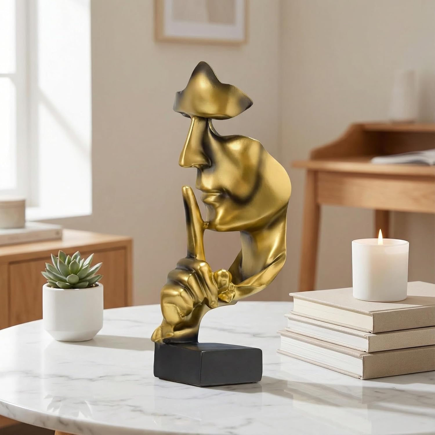 OHiZVZV 1 Piece Modern Silence Sculpture, Abstract Face Statue for Home Decor, Golden Silence Figurine for Living Room, 27cm Resin Art Piece