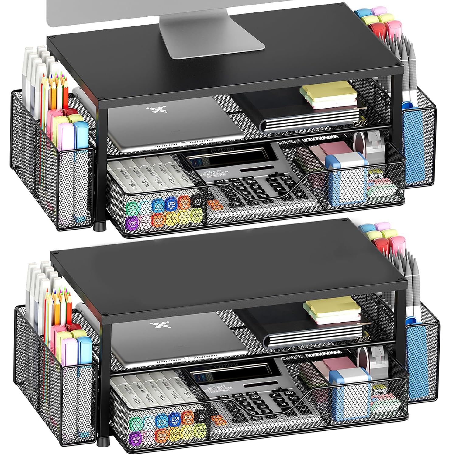 OPNICE Desk Organizer and Accessories, 2-Tier Computer Monitor Stand Riser with Drawer and 2 Pen Holders, Laptop Stand, Office Desk Accessories for Office Supplies, Black 2-Pack