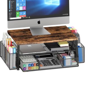 OPNICE Wood Desk Organizers and Accessories, 2-Tier Computer Monitor Stand Riser with Drawer and 2 Pen Holders, Laptop Stand, Office Desk Accessories for Office Supplies, Brown