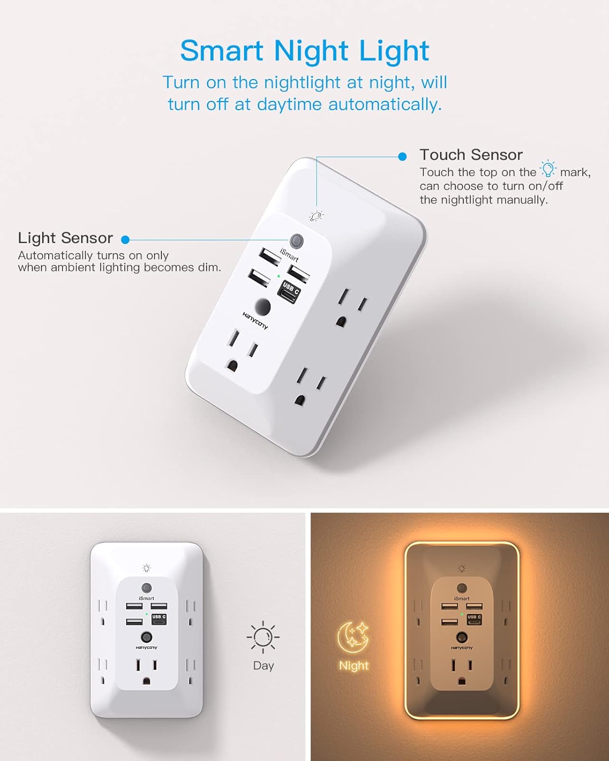 Outlet Extender with Night Light, HANYCONY Multi Plug Outlet, USB Wall Charger Surge Protector 4 USB Ports(1 USB C), Power Strip Electrical Outlet Splitter Expander for Home...