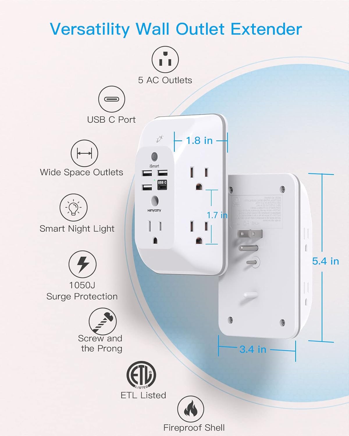 Outlet Extender with Night Light, HANYCONY Multi Plug Outlet, USB Wall Charger Surge Protector 4 USB Ports(1 USB C), Power Strip Electrical Outlet Splitter Expander for Home...