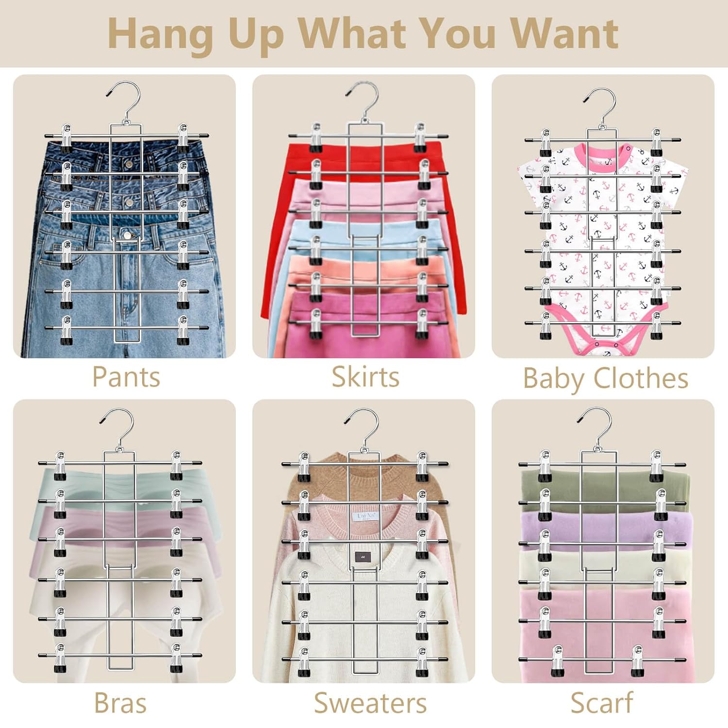 Pants Hangers with Clips,Space Saving Hanging Closet Organizer-6 Tiers Skirt Hangers with 360° Swivel Hook,Closet Organizer-Clothes Hangers- College Dorm Essentials Apartment...