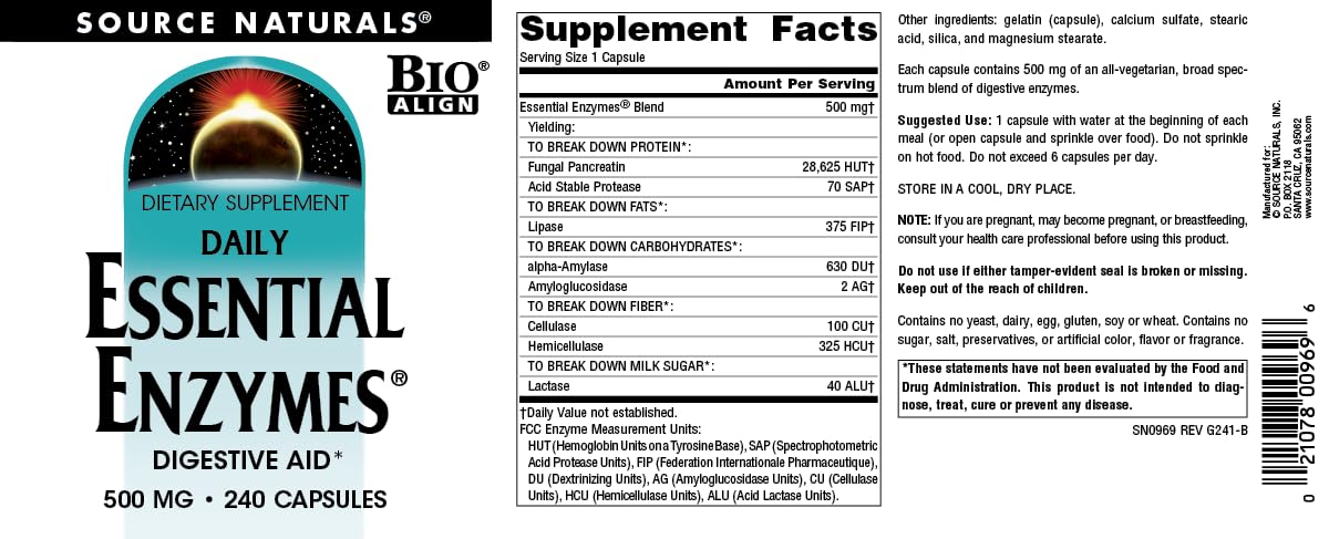 Source Naturals Essential Enzymes 500mg Bio-Aligned Multiple Enzyme Supplement Herbal Defense for Digestion, Gas, Constipation & Bloating Relief - Supports Immune System - 240...