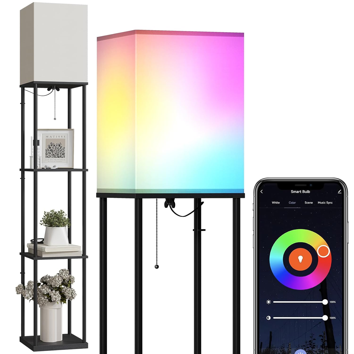 SUNMORY Floor Lamp with Shelves, Smart APP Control Standing Lamps with RGB Bulb, 4-Tier Dimmable Floor Lamps for Living Room, Tall Lamp for Bedroom, Office, Corner Display...