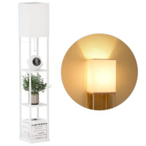 SUNMORY Shelf Floor Lamp with 3-Way Dimmable LED Bulb, Modern Square Standing Lamp with Shelves and White Shade, Corner Display Bookshelf Lamp for Living Room and Bedroom(White)