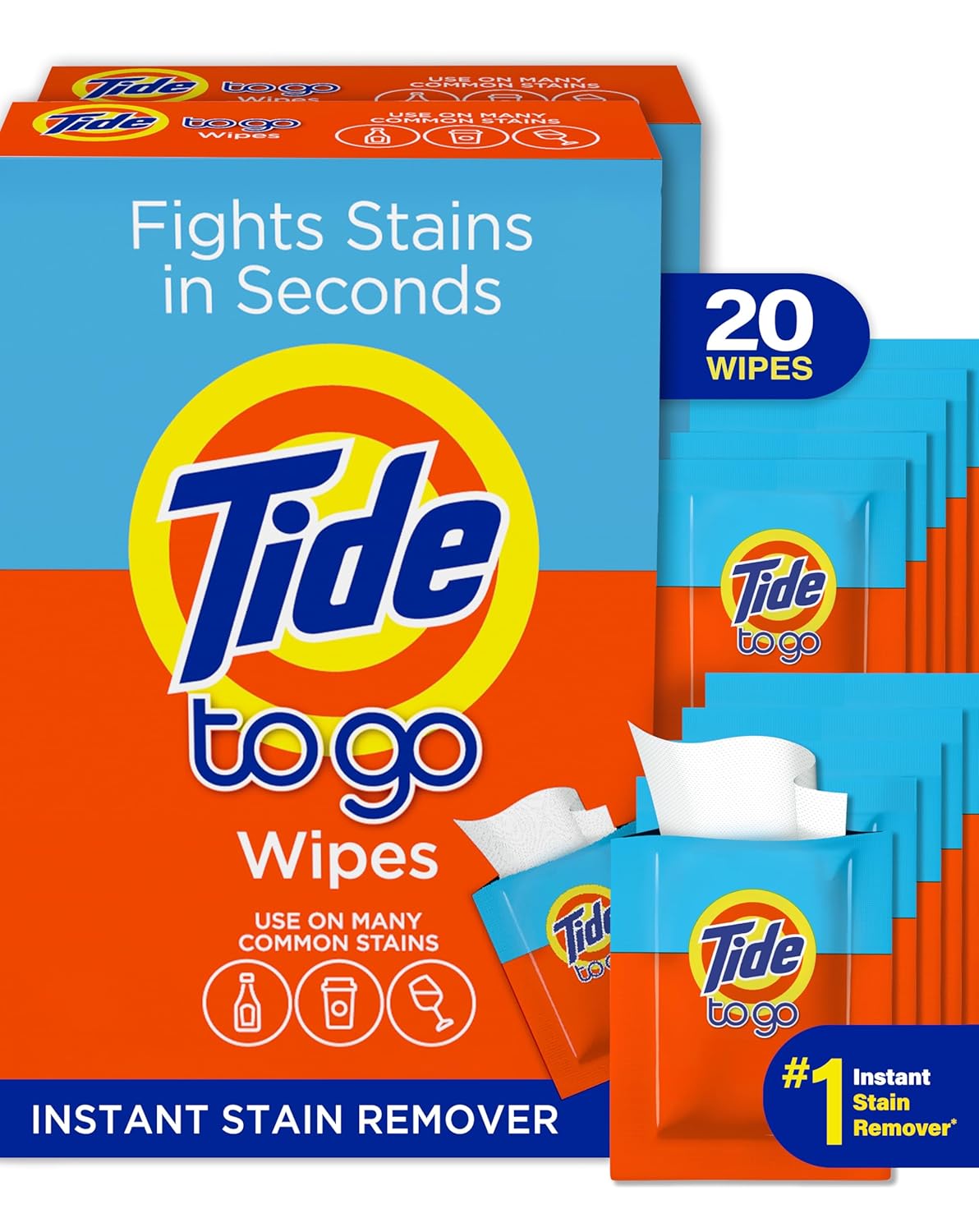 Tide Stain Remover for Clothes, Tide To Go Wipes, Instant Stain Remover for Clothes, Travel & Pocket Size, 20 Count