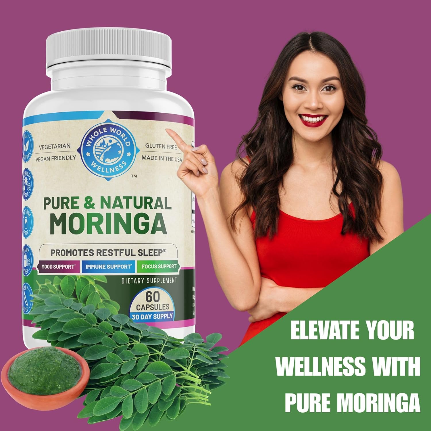 WHOLE WORLD WELLNESS Pure Moringa | Supports Immune & Gut Health | Sleep Aid | Rich in Antioxidants & Amino Acids | All Natural & Dairy Free | 60 Capsules | Made in The USA.