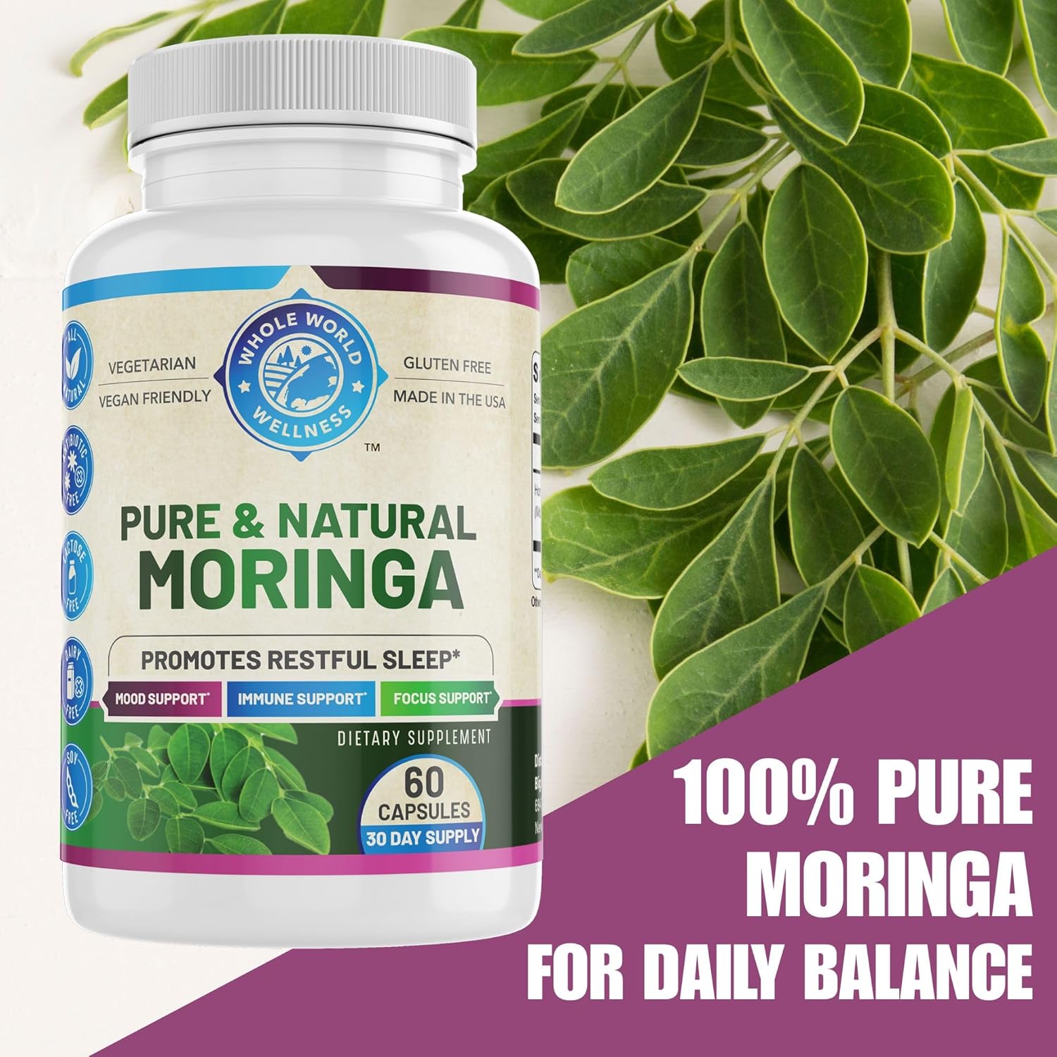WHOLE WORLD WELLNESS Pure Moringa | Supports Immune & Gut Health | Sleep Aid | Rich in Antioxidants & Amino Acids | All Natural & Dairy Free | 60 Capsules | Made in The USA.