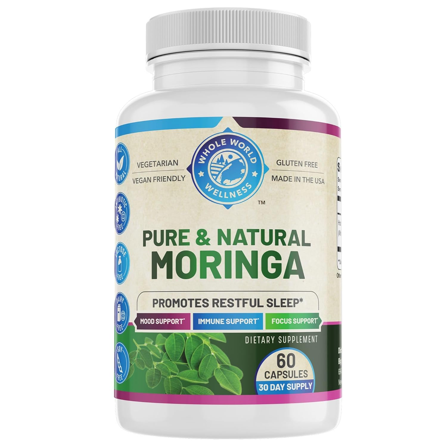 WHOLE WORLD WELLNESS Pure Moringa | Supports Immune & Gut Health | Sleep Aid | Rich in Antioxidants & Amino Acids | All Natural & Dairy Free | 60 Capsules | Made in The USA.