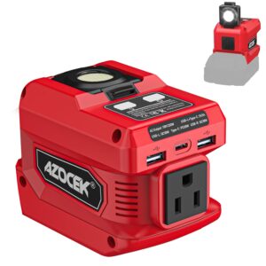220W Azocek Power Inverter Compatible with Milwaukee 18V Battery, DC 18V to AC 110V Portable Power Station with 1 AC Outlet, 2 USB Ports & 1 Type-C Fast Charging, 400LM LED Work...