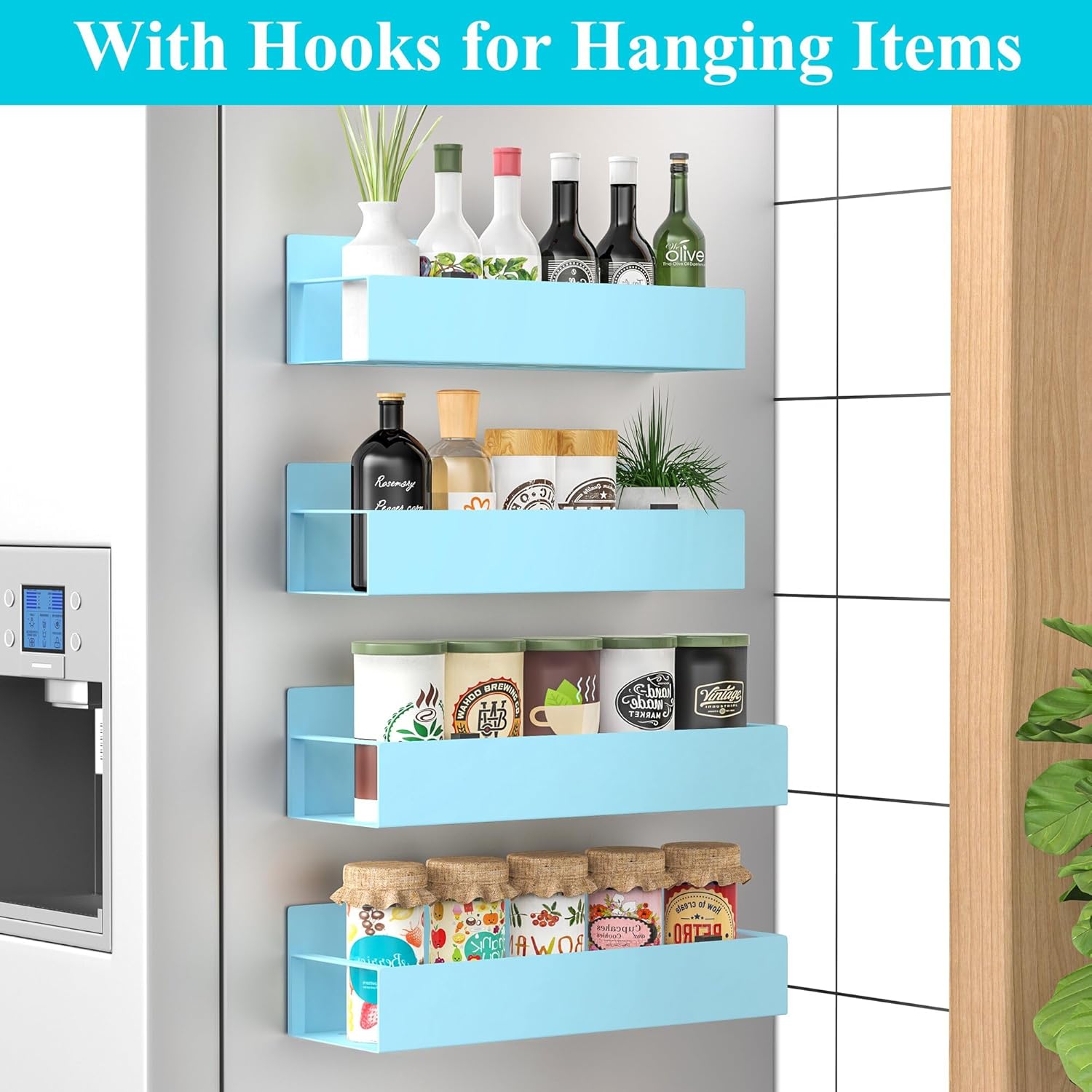 4 Pack Magnetic Spice Storage Rack Organizer for Refrigerator and Oven, Blue Fridge Organizers and Storage