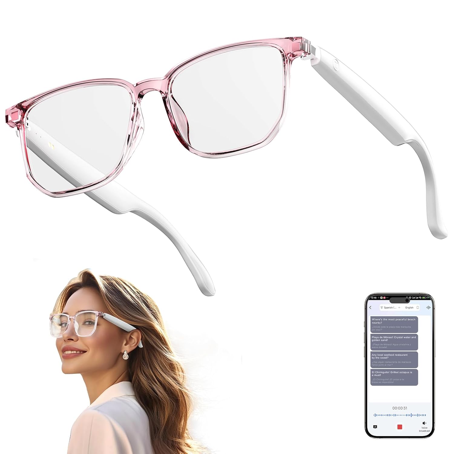 AI Smart Glasses, Bluetooth 5.4 Translation Glasses with 144 Language & Accents, Blue Light Filtering Lenses, Multifunctional Smart Glasses for Men Women, Travel Meeting Trade...