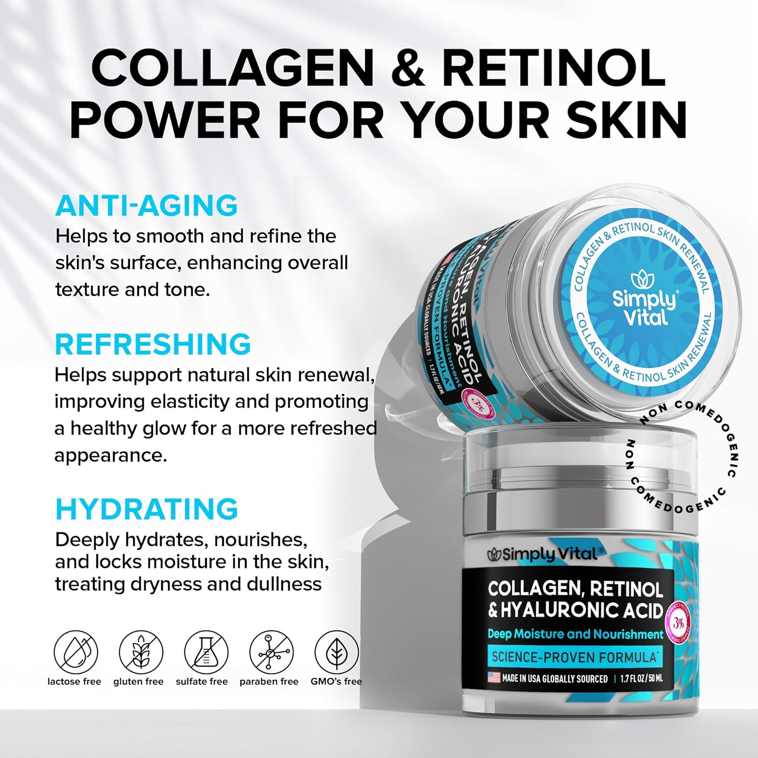 Anti-Aging Face Moisturizer with Retinol, Collagen & Hyaluronic Acid - Made in USA - Moisturizer Face Cream for Women & Men - Firming & Hydrating Neck Cream - Day & Night Skin...