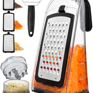 Cheese Grater with Garlic Crusher- Box Grater Vegetable Shredder with 3 Stainless Steel Blades - Graters for Kitchen- Cheese Graters with Handle - Garlic Mincer Tool and...