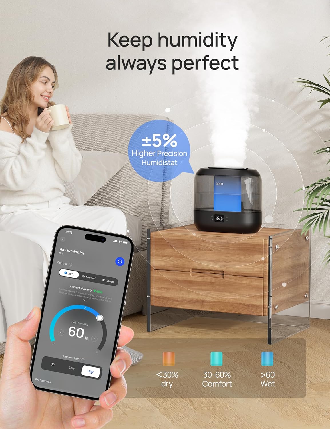 Dreo Smart Humidifiers for Bedroom, Top Fill 4L Supersized Humidifier Large Room with 28 dB, 36H Runtime, Touch/APP/Voice Control, Nightlight, Cool Mist Humidifiers for Baby,...