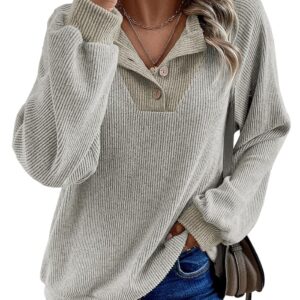 EVALESS Womens Spring Fashion 2026 Womens Long Sleeve Shirts Patchwork Button Up V Neck Sweatshirt Casual Pullover Tops