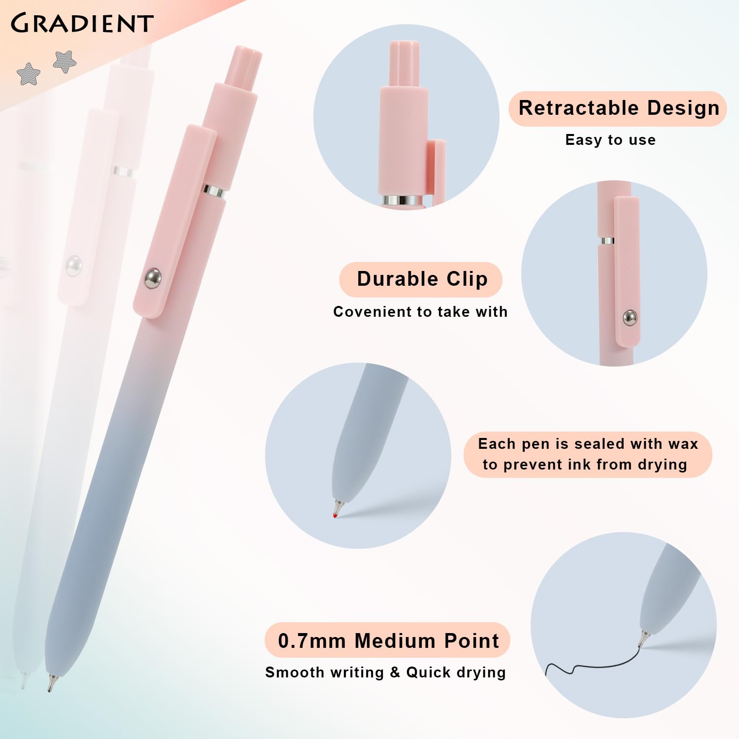 FIOVER 5pcs Gel Pens Black Ink Medium Point 0.7mm Pens Smooth Writing High-End Series Cute Ballpoint for Journaling Note Taking, Office School Supplies Gifts for Women and Men