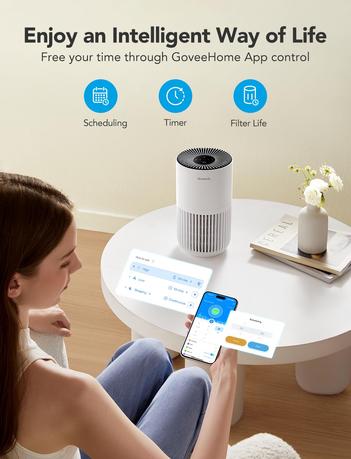 GoveeLife Mini Air Purifier for Bedroom, Smart Filter Air Purifier with App Alexa Control for Pet Hair, Odors, Pollen, HEPA Portable Air Cleaner with 3 Speeds, 2 Modes, Timer,...
