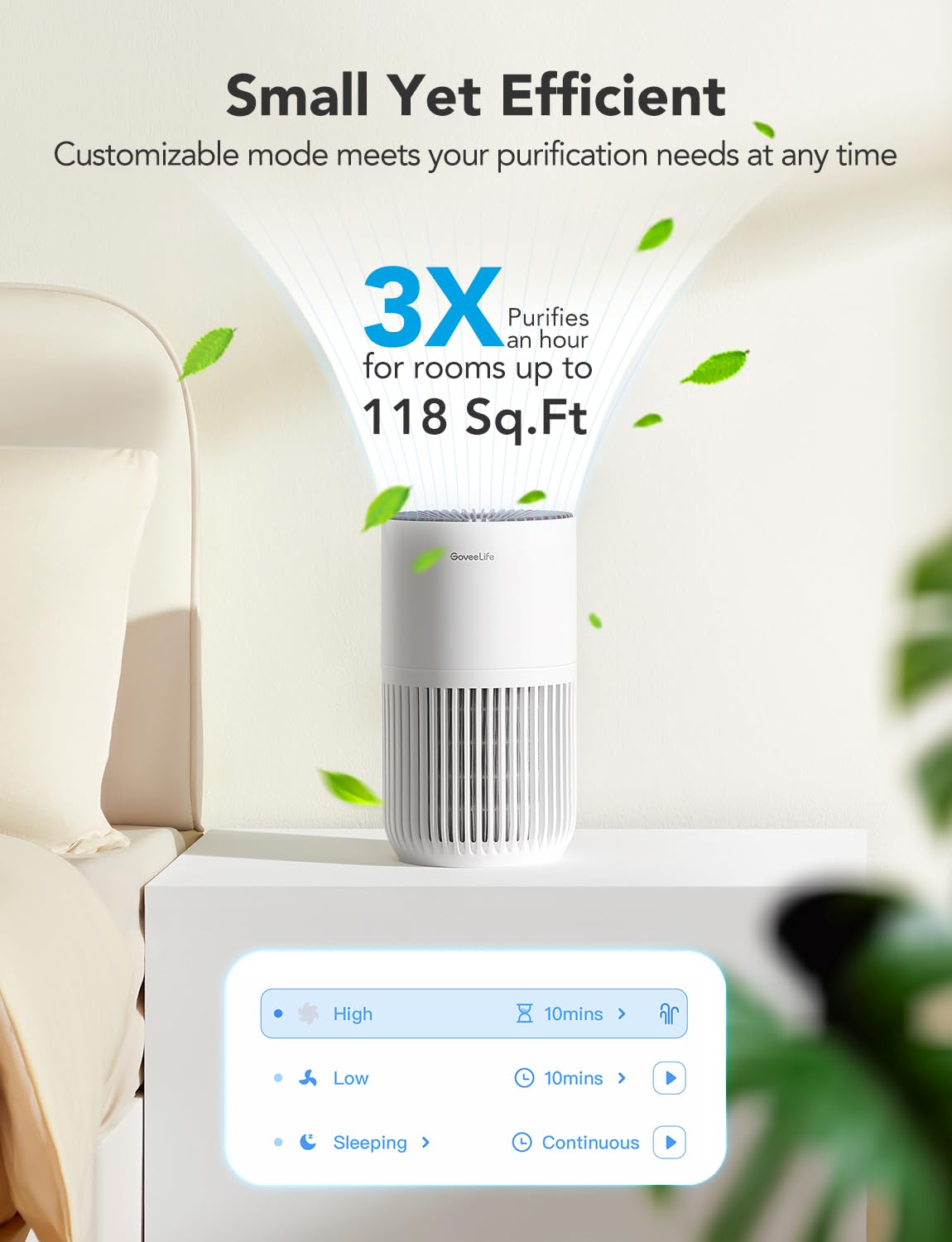 GoveeLife Mini Air Purifier for Bedroom, Smart Filter Air Purifier with App Alexa Control for Pet Hair, Odors, Pollen, HEPA Portable Air Cleaner with 3 Speeds, 2 Modes, Timer,...