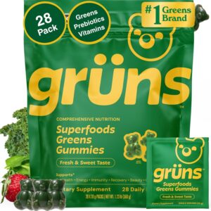 Gruns Adults Super Greens Multivitamin Gummies, Superfood Vitamin Gummy Bears with Spirulina, Chlorella, Prebiotic Fiber for Digestive Health, Adaptogens Supplement, 20 Vitamins...
