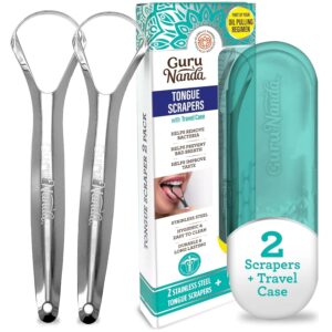 GuruNanda Tongue Scraper for Adults (2 Pack) with Travel Case, 420 Medical-Grade 100% Stainless Steel Tongue Cleaner, Aids in Fresh Breath & Oral Care