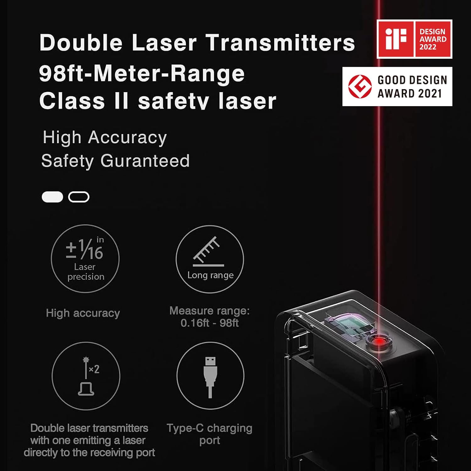 HOTO Laser Measuring Tool, Pocket-Size 98Ft Digital Laser Tape Measure ±2mm Accuracy, USB-C Rechargeable, OLED Display, Ft/M/in Unit Conversion, Real-time Data Sync, Cool...
