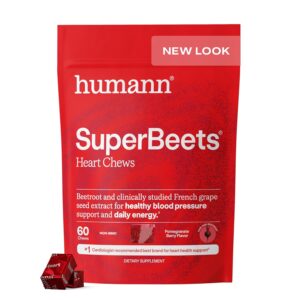 Humann SuperBeets Heart Chews, Nitric Oxide and Blood Pressure Support, Grape Seed Extract & Non-GMO Beet Root Powder Energy Supplement, Pomegranate Berry Flavor, 60 Count