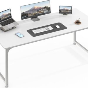 Huuger Computer Desk, 55 Inch Home Office Desk, Gaming Writing Work from Home Study Desk, Large Legroom, Sturdy Metal Frame, Modern Simple, White