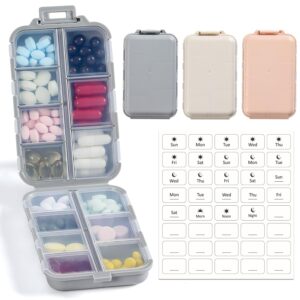 LANDNEOO 14 Grids Pill Organizer Box with Labels, Travel Medication Holder Dispenser Case Kit, Pocket Daily Pharmacy Container for Fish Oil Vitamin Supplement Storage, Khaki...