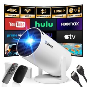 Mini Projector with WiFi and Bluetooth Built-in Apps Smart Projector Support 4K 1080P FHD 180° Adjustable Auto Keystone Compatibile with HDMI/TV Stick/Memory Stick/Laptop, White