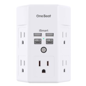 One Beat 1680J 3 Side Power Strip Multi Plug Expander, Surge Protector, 5 Outlets Extender, 4 USB Ports (USB C), Wall Mount Charger, Outlet Splitter Adapter for Home, Travel,...