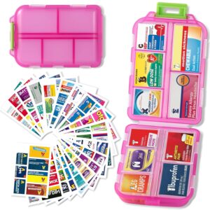 Pill Organizer with Medicine Labels Travel Daily Pill Container Mini Medication Organizer Storage Pill Organizer Travel Essentials Pill Case 7 Day (Pink & 161 Lables)