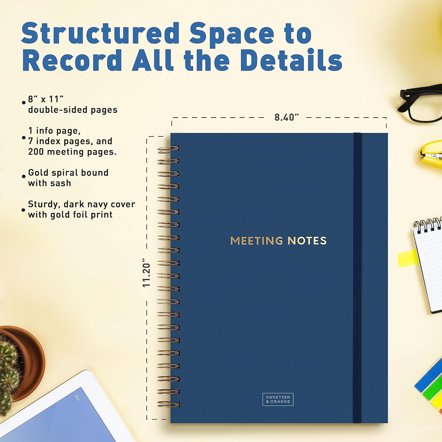S&O Large Meeting Notebook for Work - Professional Organizer Planner - Corporate and Conference Notes Journal - Project Discussion Notepad - 208 Pages Writing Pads, 8.4”x11.2”