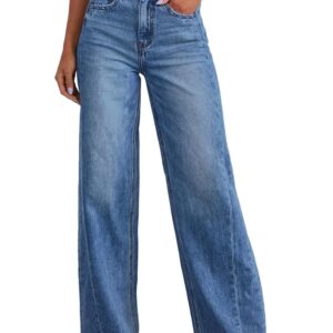 Sidefeel Women's Wide Leg Jeans High Waisted Stretchy Raw Hem Zimbaplatinum Denim Pants