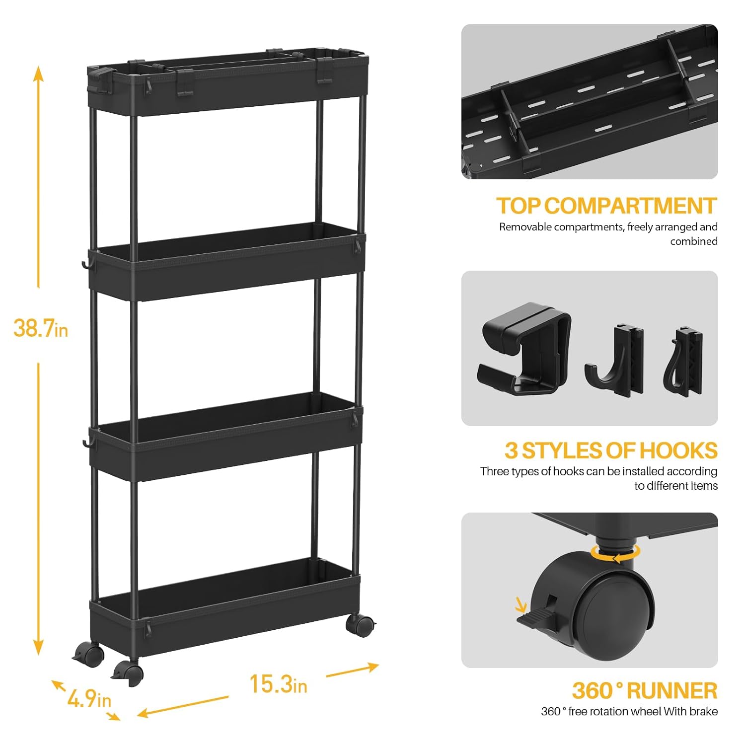 SPACELEAD Slim Storage Cart 4 Tier,Bathroom Organizer Rolling Utility,Mobile Shelving Unit Slide Out for Office, Kitchen, Laundry Room & Narrow Places,Black