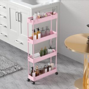 SPACELEAD Slim Storage Cart 4 Tier,Bathroom Organizer Rolling Utility,Mobile Shelving Unit Slide Out for Office, Kitchen, Laundry Room & Narrow Places,Pink