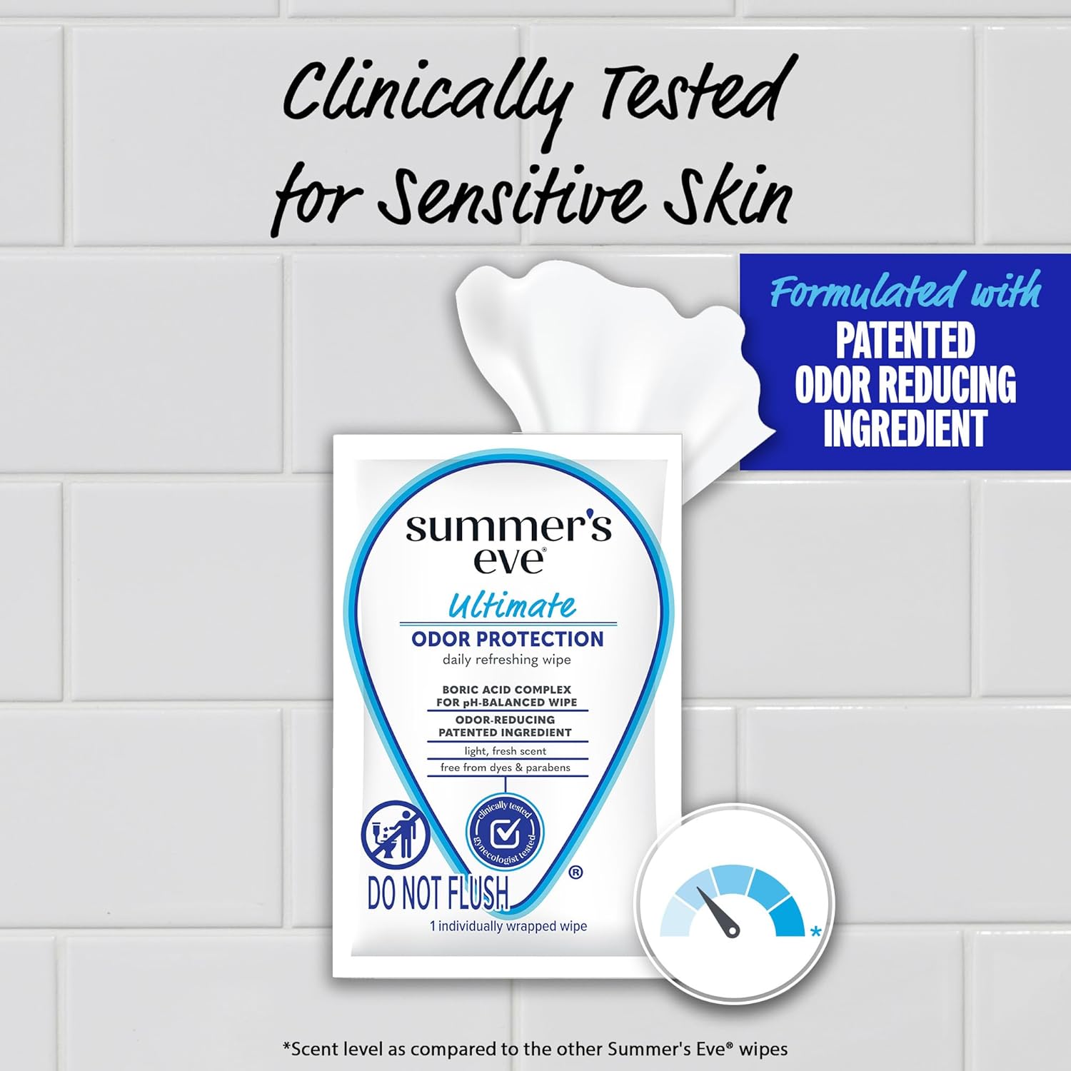 Summer's Eve Ultimate Odor Protection Daily Feminine Wipes, Gentle pH-Balanced Formula with Boric Acid Cleanses & Removes Vaginal Odor, Individually Wrapped Body Wipes, 12 Count