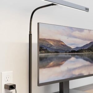 SUPERDANNY LED Desk Lamp for Office Home, Eye-Caring Desk Light with Adjustable Gooseneck, 12W Touch Control Dimmable Brightness, Architect Clamp Lamp with USB Adapter, Grey