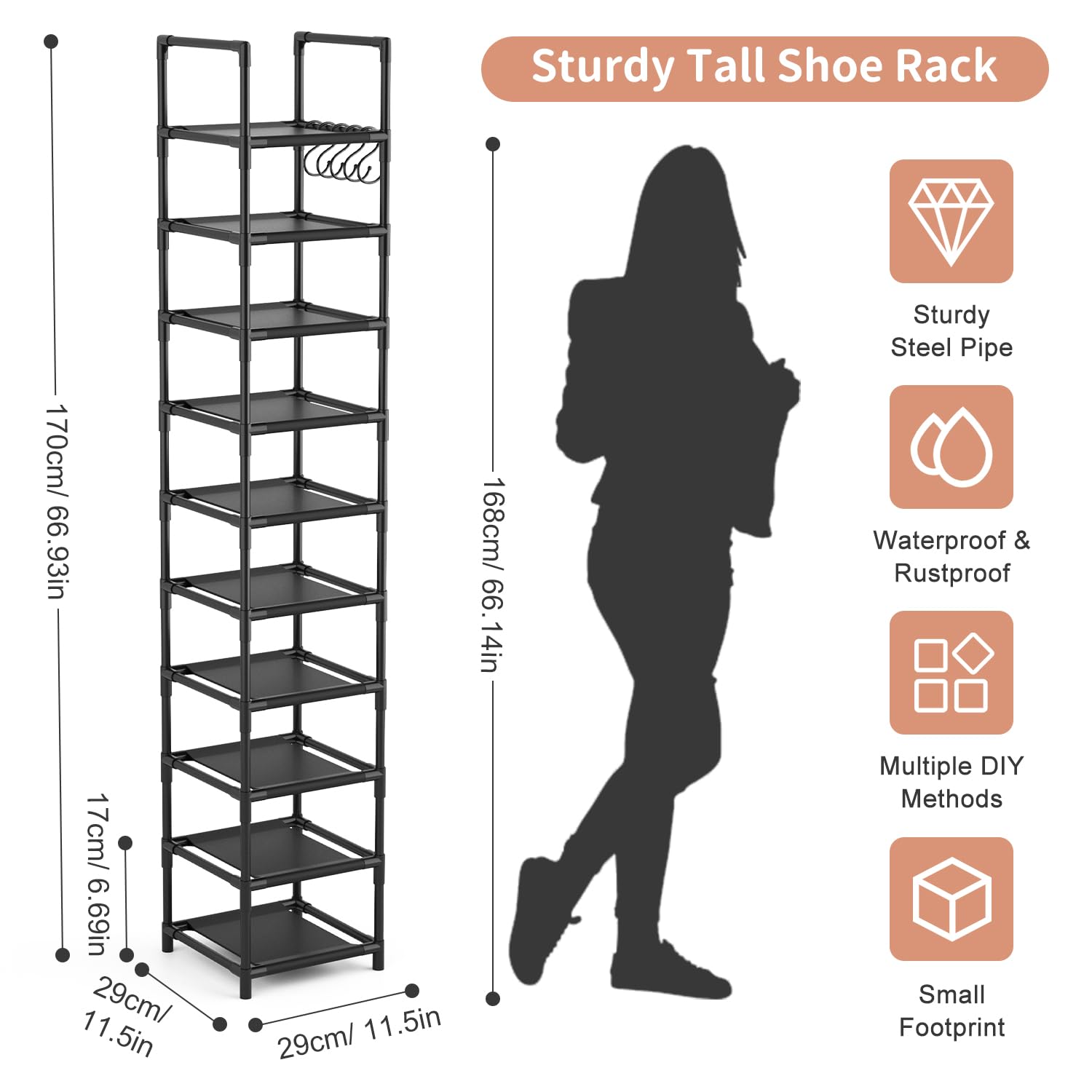 Tall Narrow Shoe Rack for Entryway, 10-Tier Sturdy Metal Shoe Shelf Storage 10-15 Pairs of Shoes and Boots, Space Saving Corner Shoe Rack Organizer for...